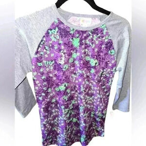 Lularoe small purple abstract floral Randy baseball T. NWT. green flowers.